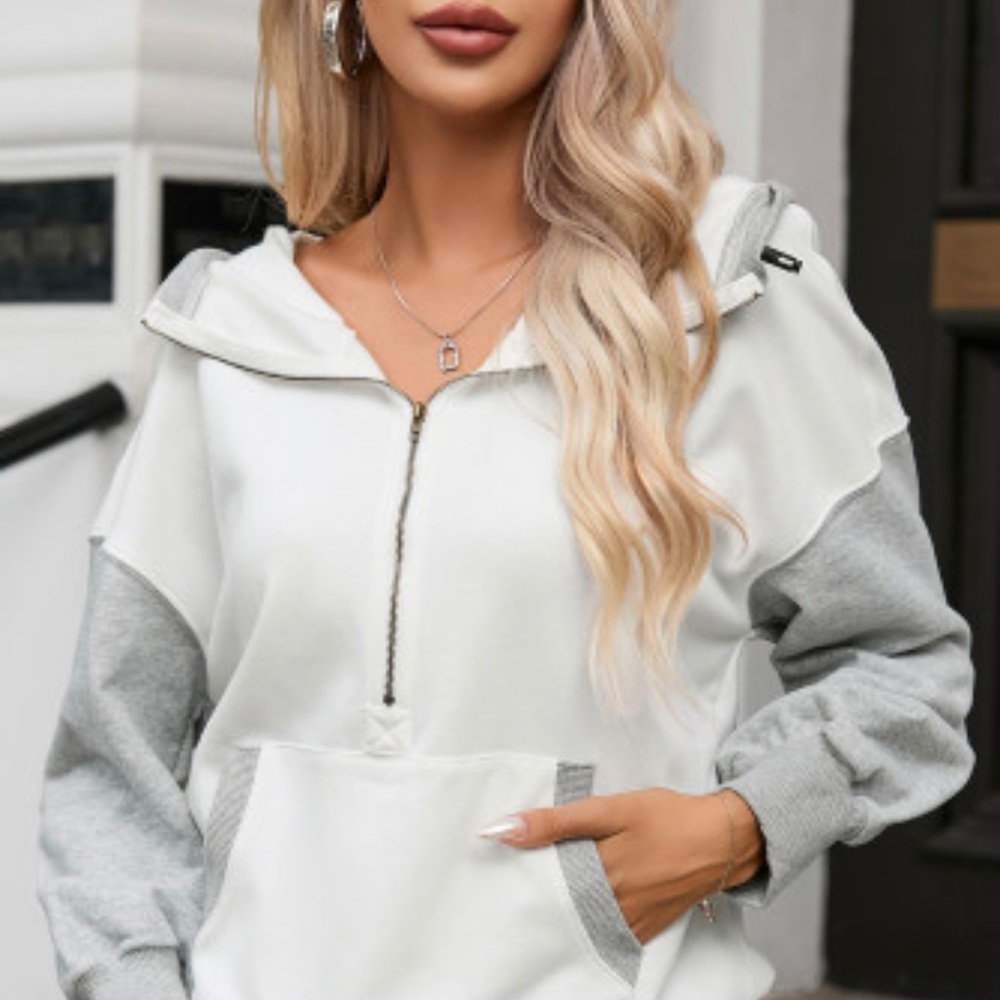 💕White Half Zipper Kangaroo Pocket Drop Shoulder Hoodie
